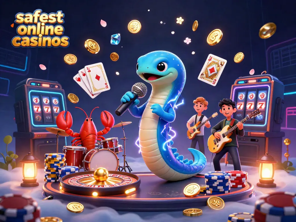 Experience the thrill of the safest online casinos with vibrant 3D electric eel DJ and dynamic casino elements.