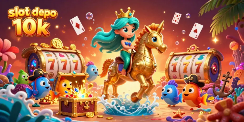 Mainkan slot depo 10k dengan simbol keberuntungan dalam ilustrasi yang berwarna-warni dan imersif.