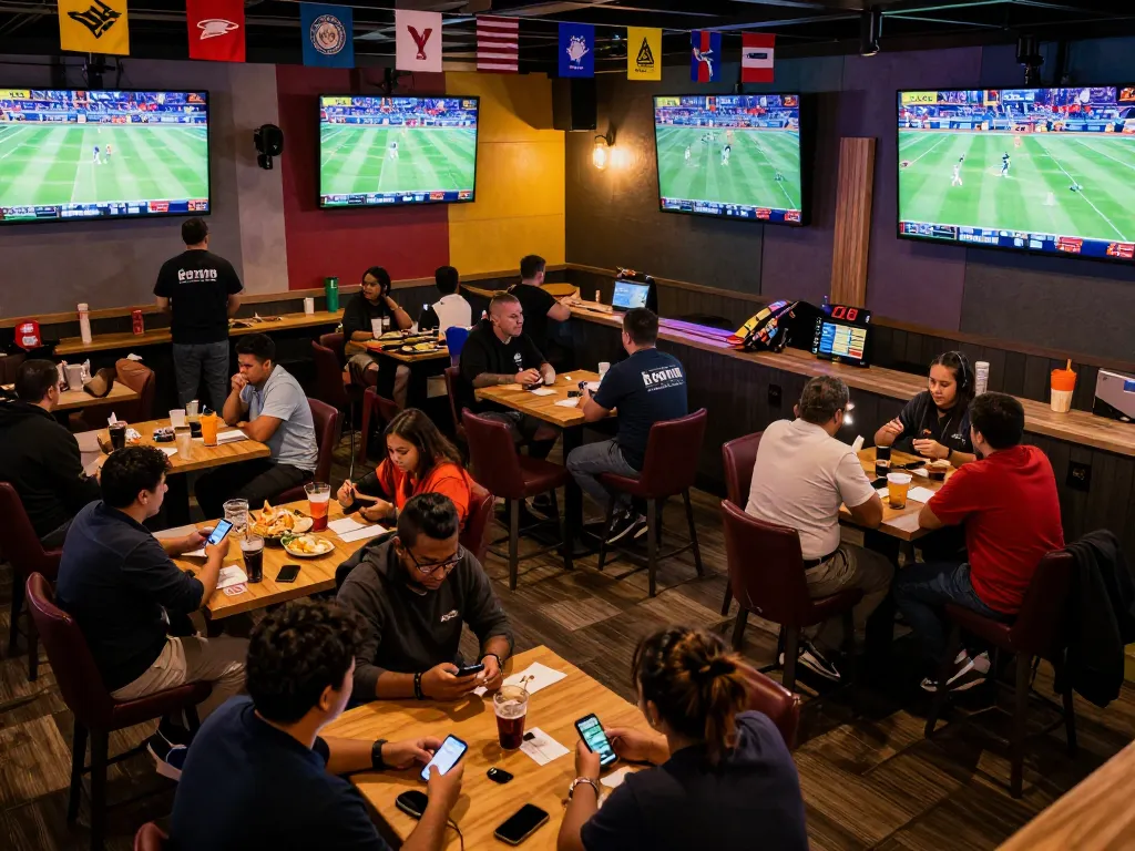 KONG88 sports betting lounge with fans reviewing their bets and watching live games on multiple screens.