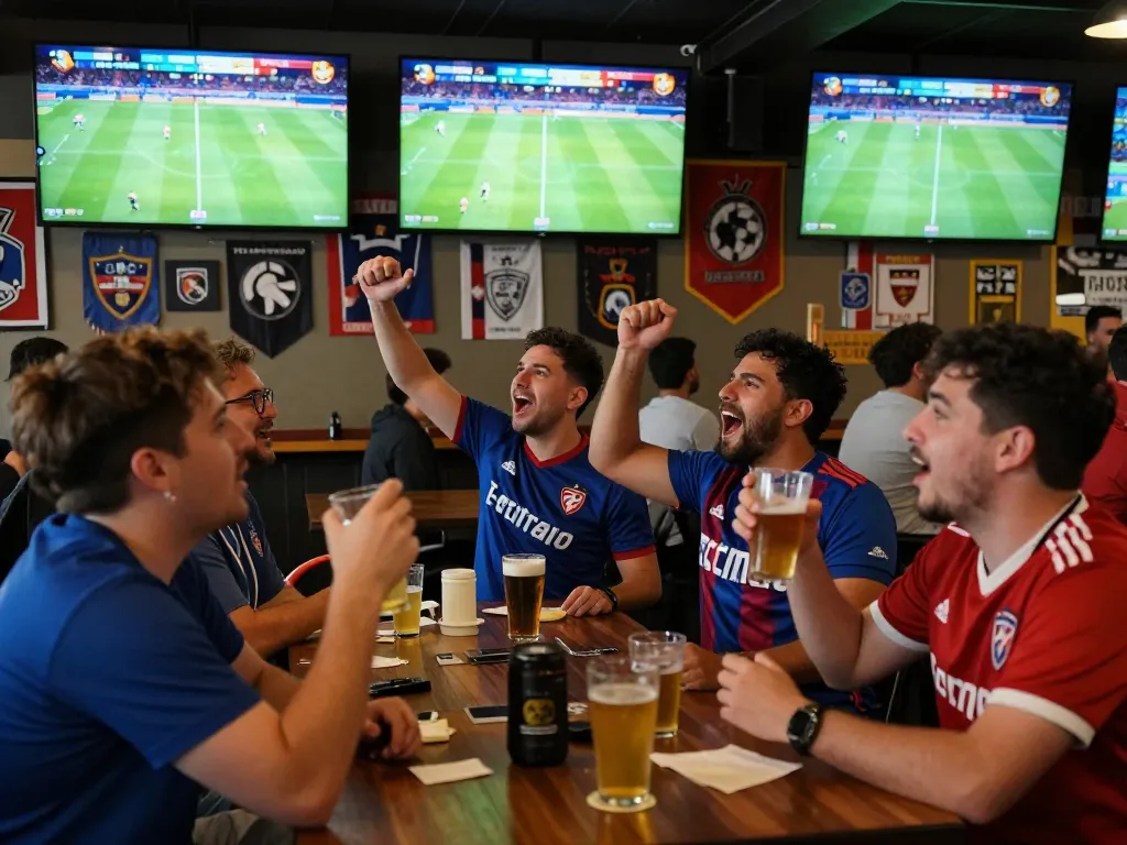 Excited fans watching live football scores on multiple screens at a lively sports bar, capturing the now goal excitement.