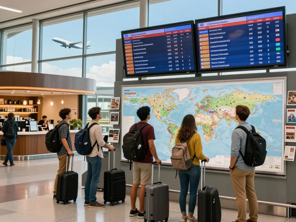 Travelers exploring the 789P flight experience at an airport terminal, showcasing excitement and adventure.