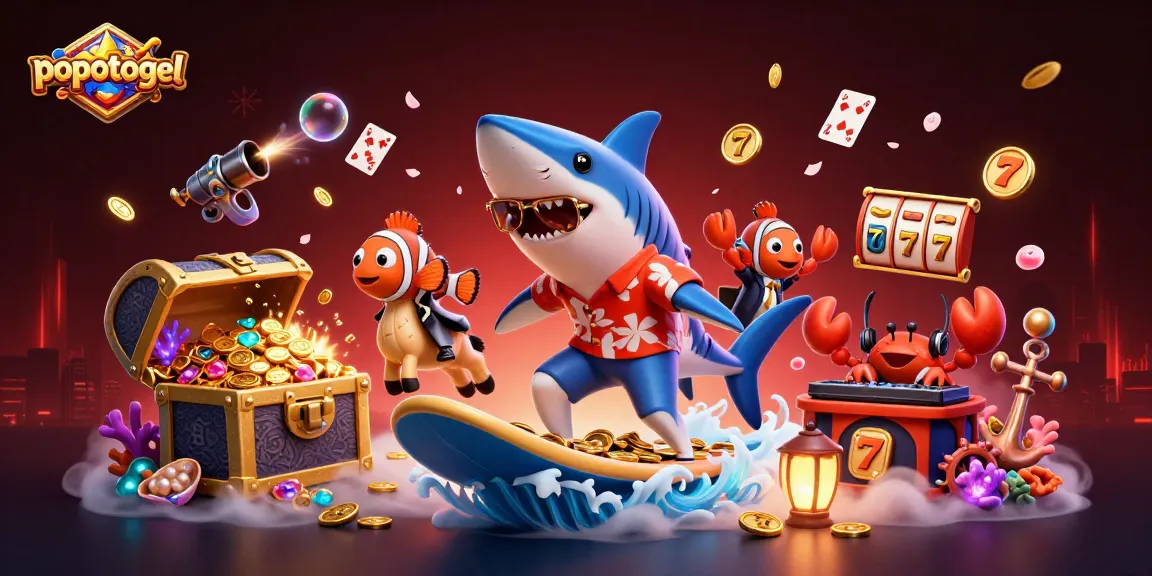 Engage with popotogel in a vibrant online casino where a shark, clownfish, and crab celebrate victories.