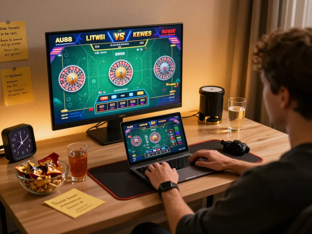 Engaging in live roulette at AU88 online casino with vibrant gaming setup and snacks