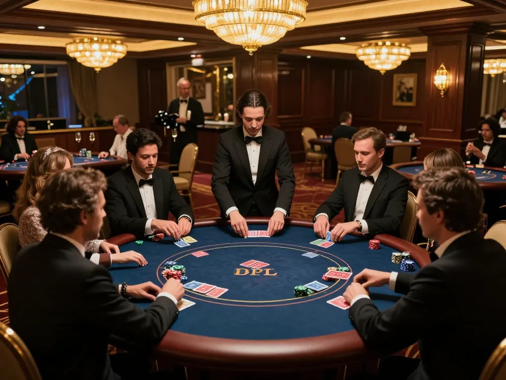 Tỷ Lệ Bóng Đá depicted in a luxurious casino VIP room with players engaged in poker.