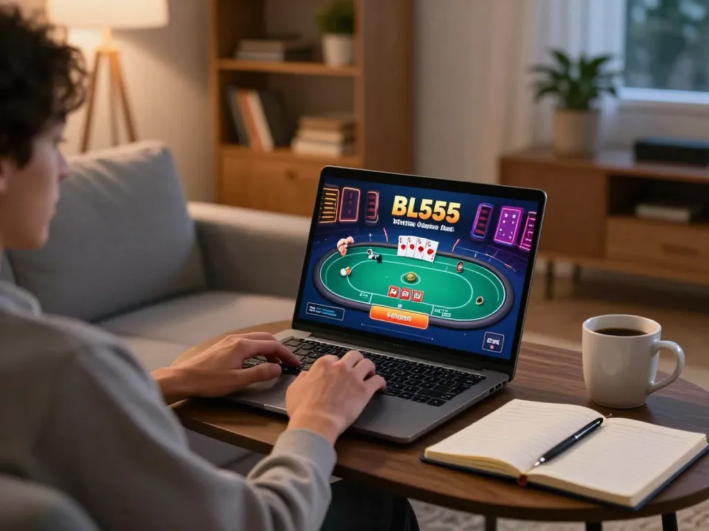 Person enjoying poker gameplay on BL555 online casino while relaxing on a cozy sofa.