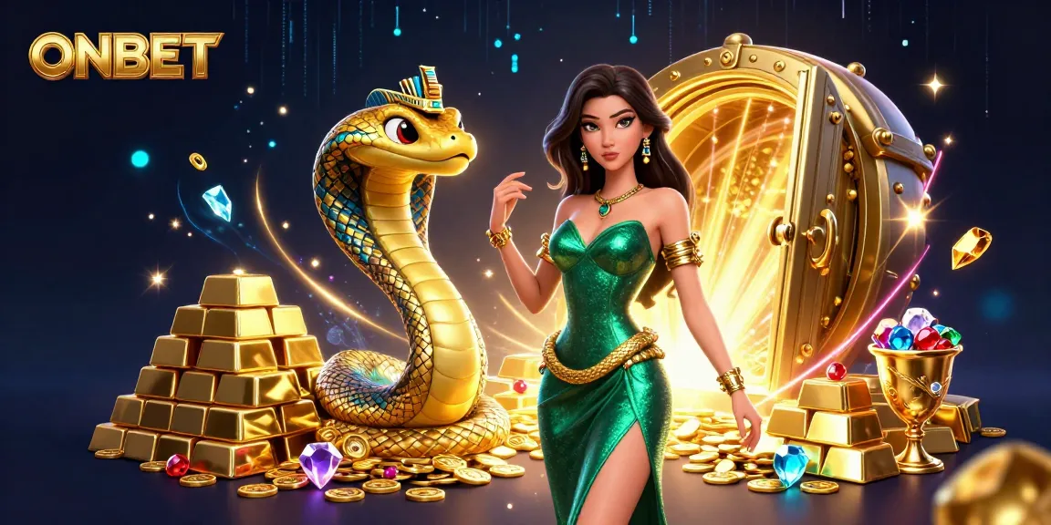 ONBET showcases thrilling casino gaming with a dazzling emerald-clad woman and golden treasures.