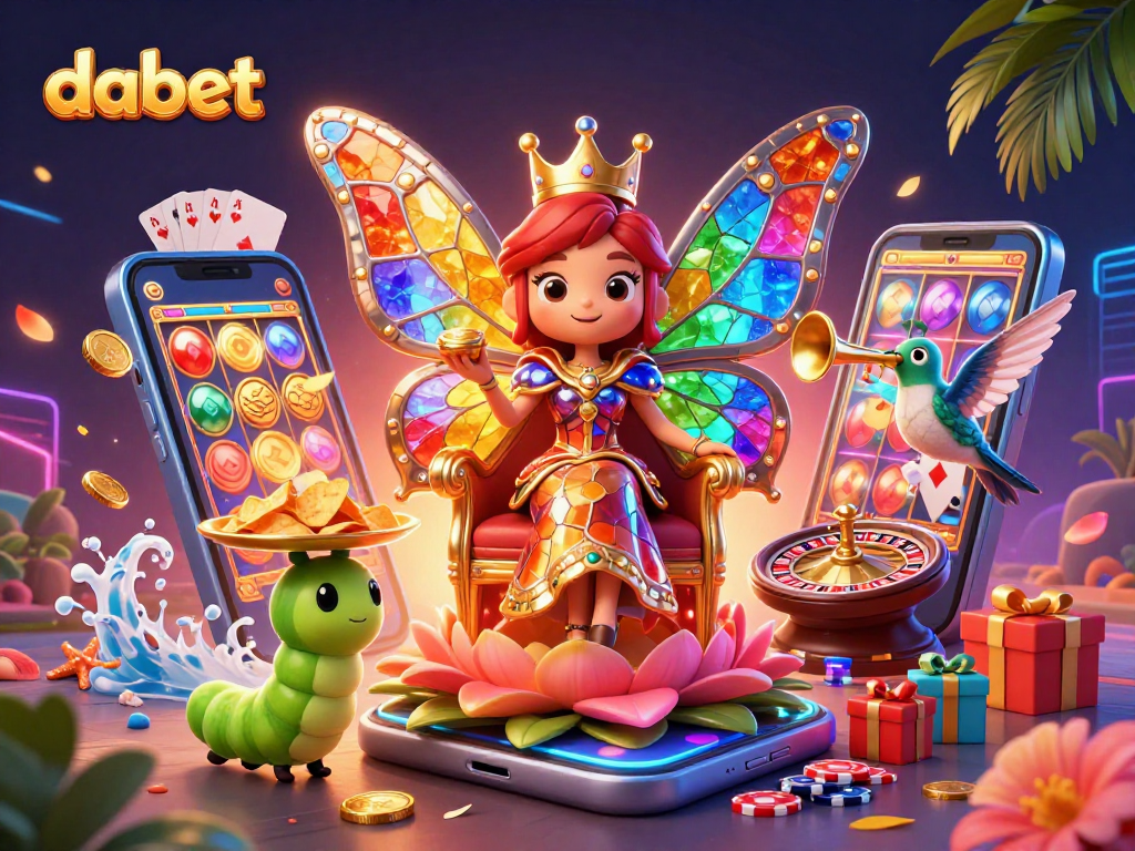 Experience the vibrant world of dabet with a dazzling butterfly queen and dynamic casino elements.