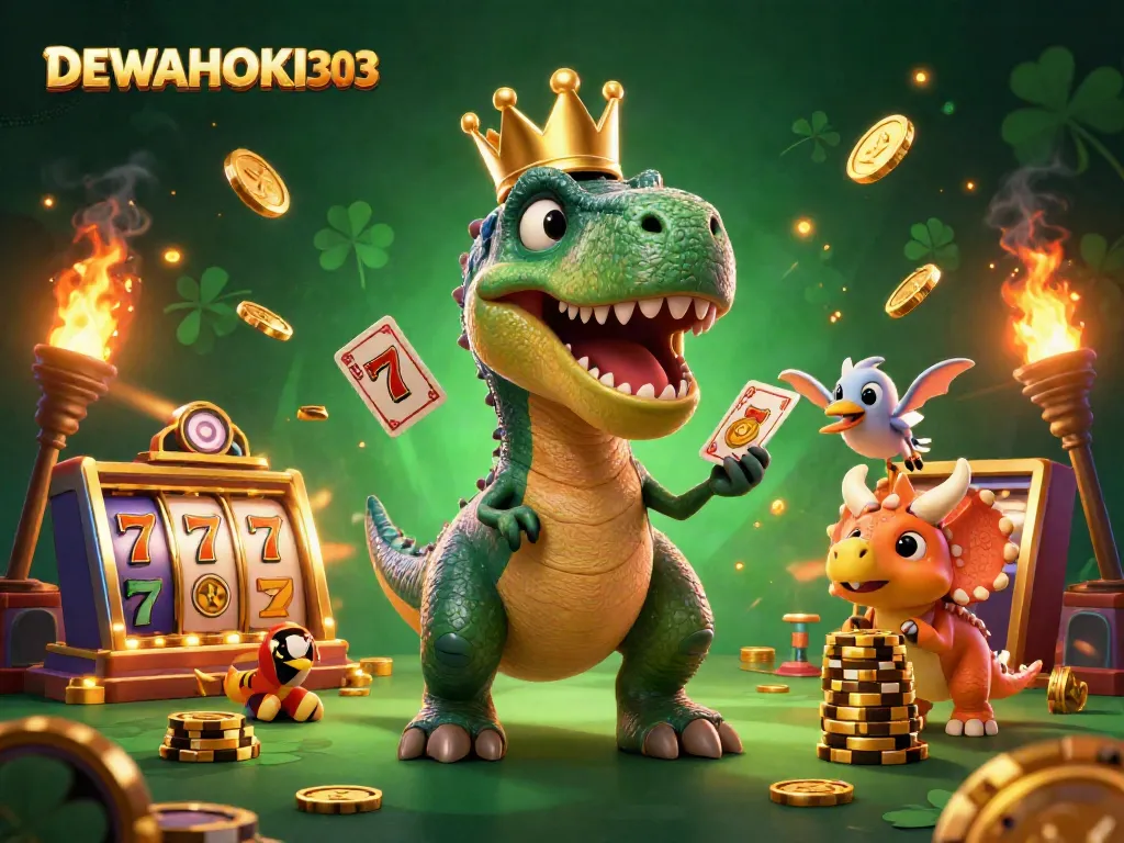 DEWAHOKI303 menghadirkan T-Rex bermain kartu dengan dinosaurus lainnya dalam latar slot yang kaya warna.