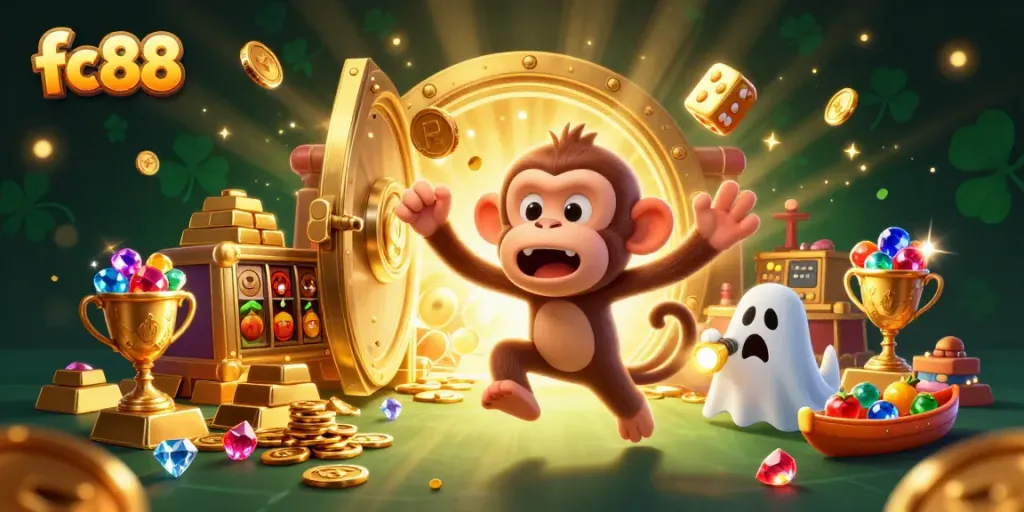Engage with fc88, capturing big wins at a lively casino with exciting scenes, vibrant slot games, and atmospheric effects.