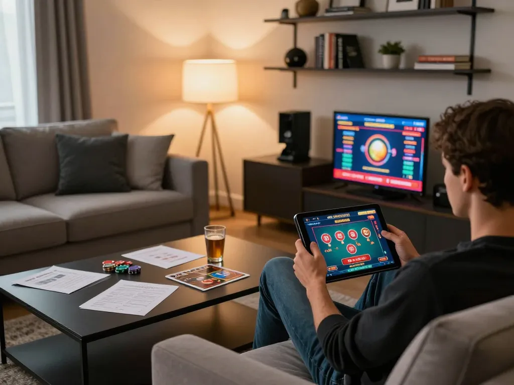 Engaging in online casino gameplay on tablet at home, showcasing open888 gaming interface comfortably