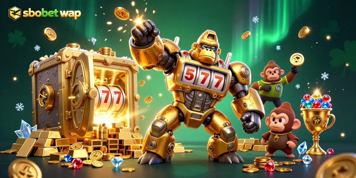 Bet on sbobet wap with a stunning 3D illustration featuring a golden gorilla mech and treasures bursting out.
