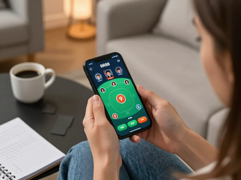 Engaging gameplay on the RR88 App displaying poker game strategies in a cozy living room setting
