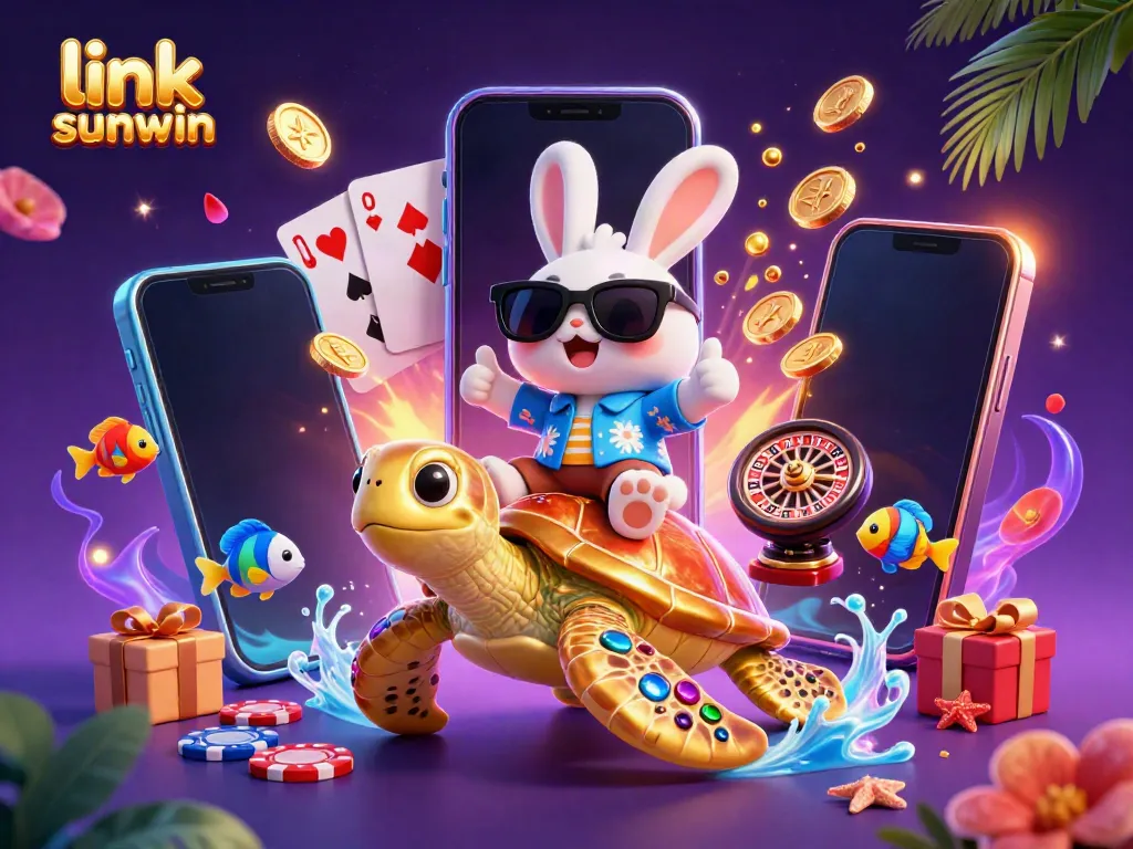 Engage with link sunwin in a vibrant 3D digital casino world, featuring a lucky rabbit and sea turtle.