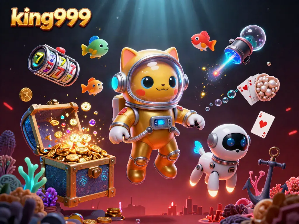 Ilustrasi kasino 3D penuh warna menampilkan king999 dengan kucing astronot, anjing robot, dan efek permainan.