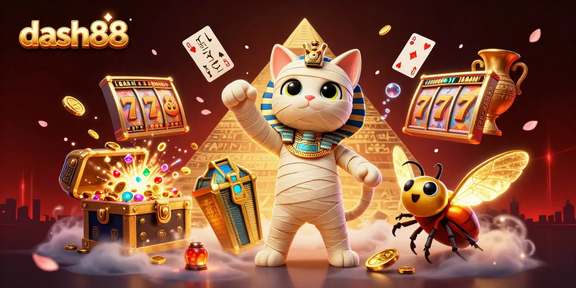 Experience dash88's thrilling gaming with vibrant slot games and a dynamic pyramid scene.