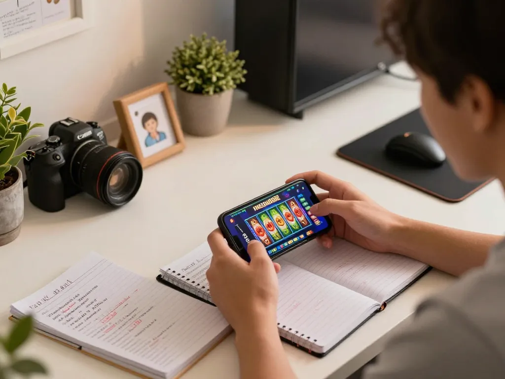Enjoying mega888 apk on a smartphone at a cozy home gaming setup, reflecting strategic gameplay.