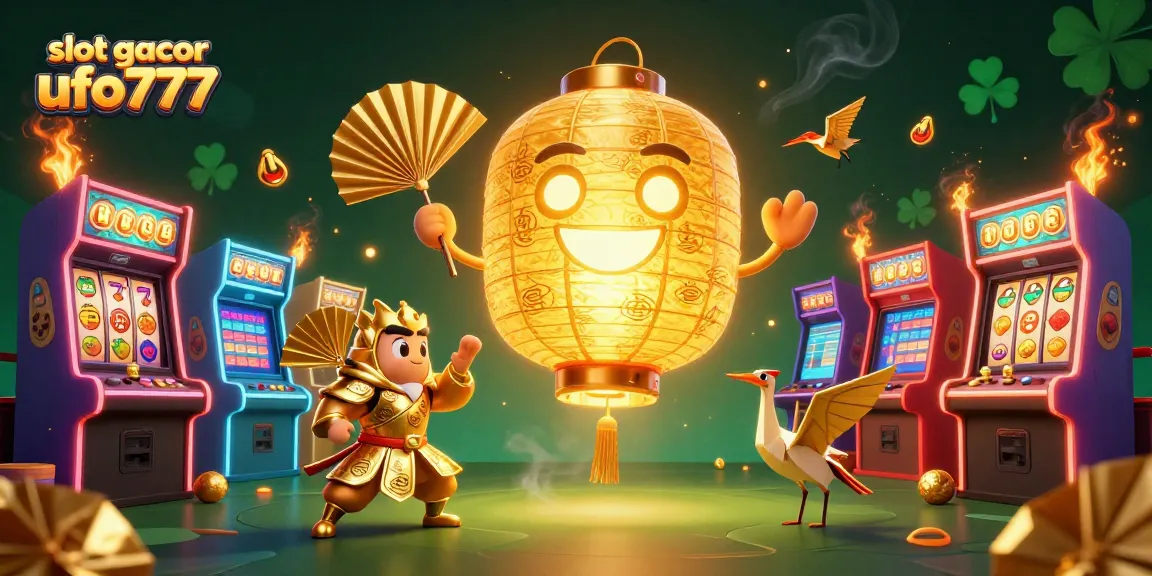 Experience high-stakes thrills with slot gacor ufo777's vibrant gaming environment featuring golden lanterns and dynamic arcade machines.