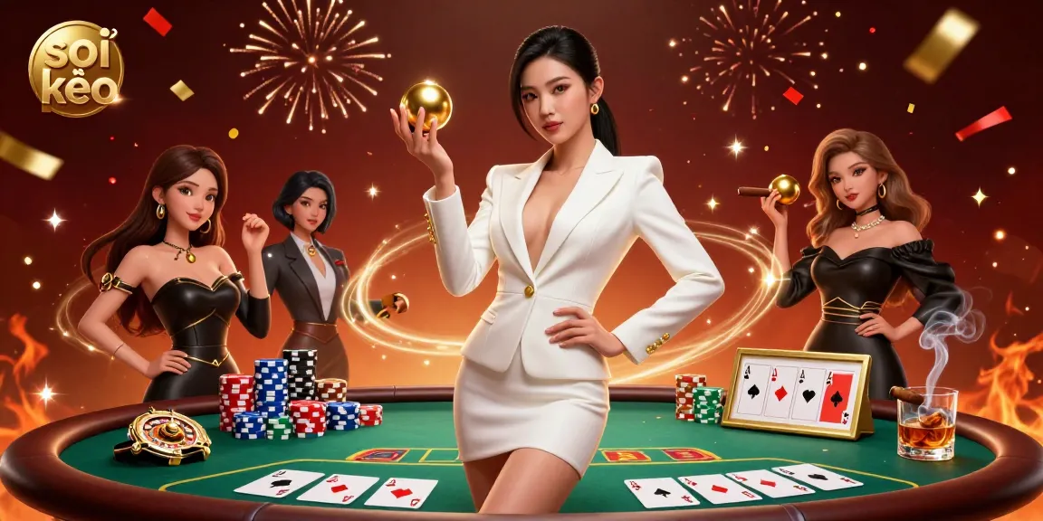 Soi kèo expert reveals winning strategies with a gorgeous model showcasing luxury casino elements.