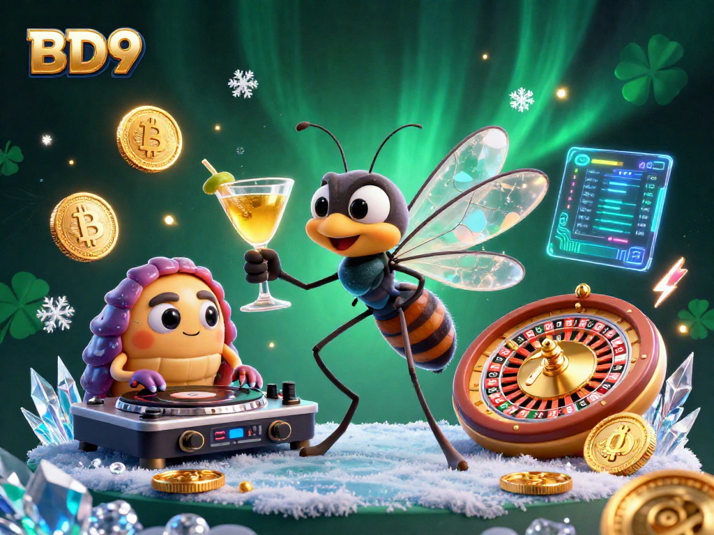 Engage with BD9's vibrant gaming universe showcasing a frozen mosquito mascot and crypto elements in action.