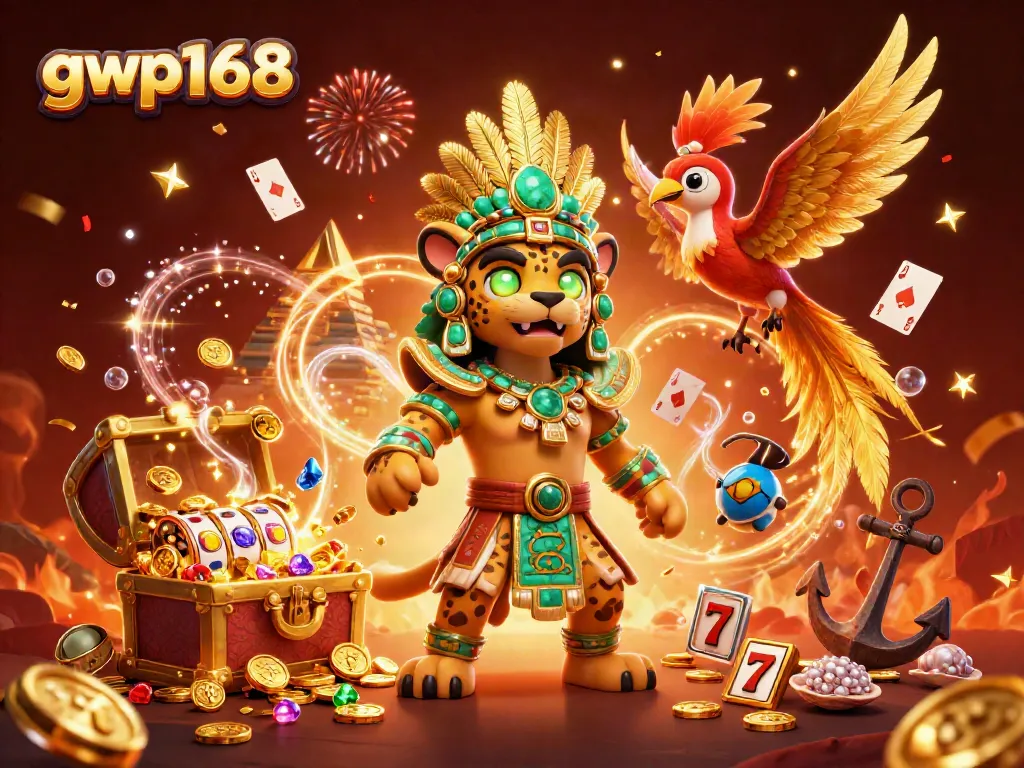 GWP168 menghadirkan slot jackpot yang menarik dalam ilustrasi kasino 3D yang kaya warna.