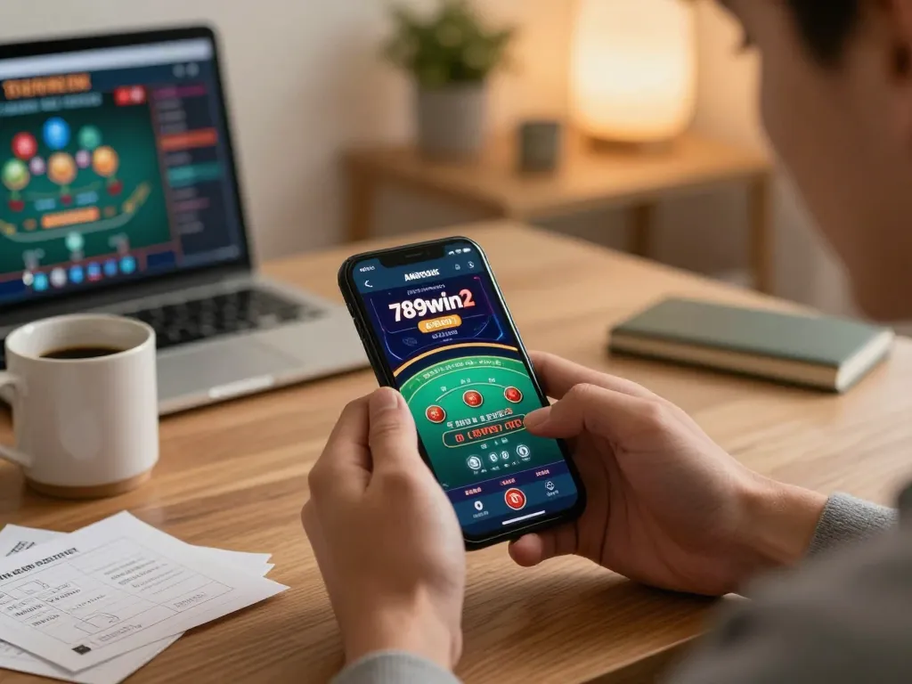 A player engages with the 789win2 casino app on smartphone during a lively online blackjack game.