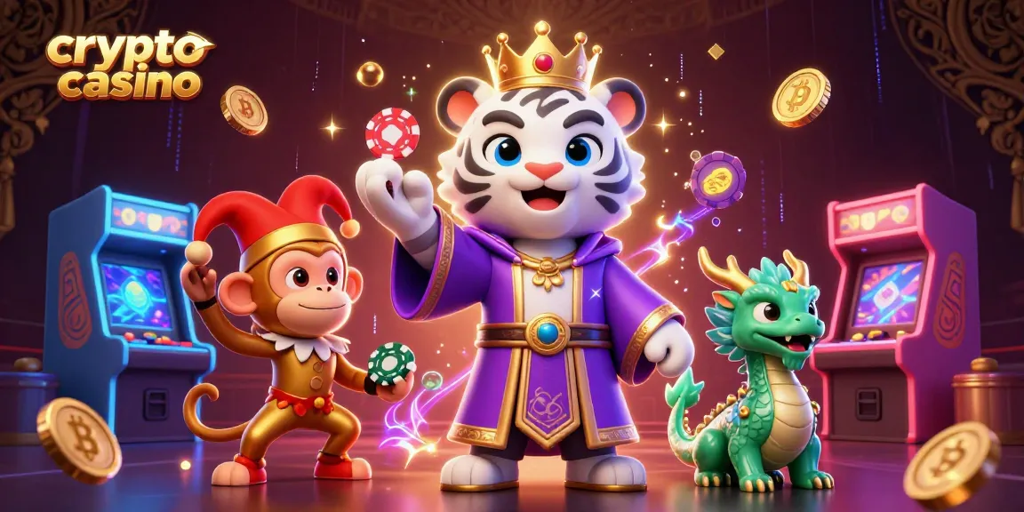 Engage with the vibrant crypto casino world through this dynamic 3D illustration featuring a white tiger and playful monkey.