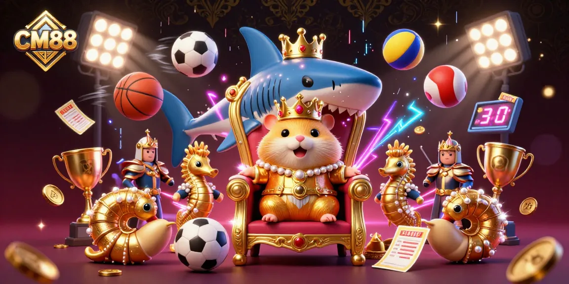 Engage with CM88 as the golden hamster king rules on a shark throne amidst thrilling sports betting elements.