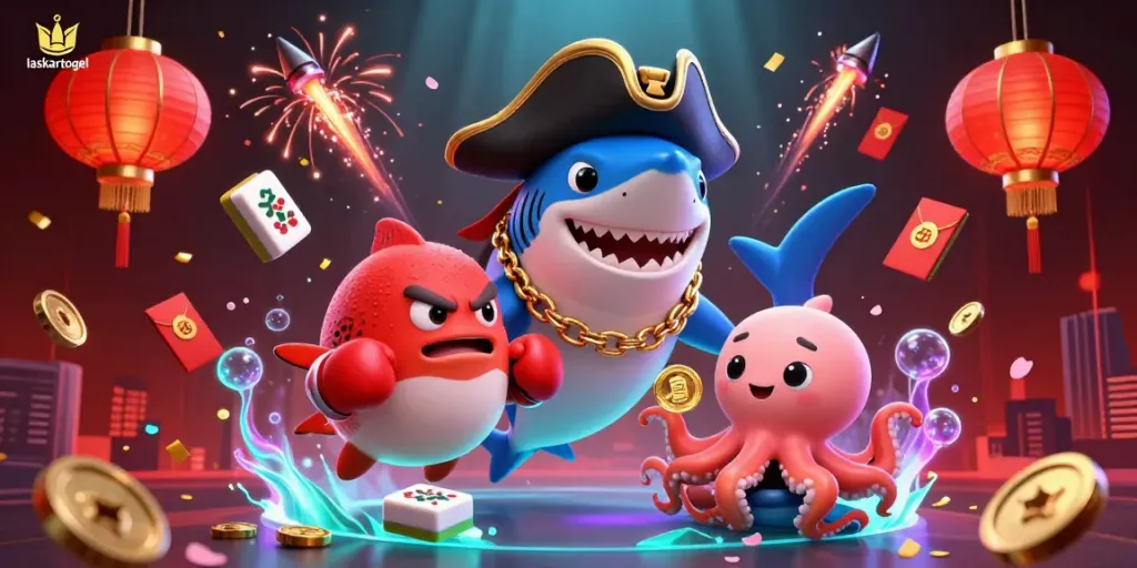 Experience thrilling gameplay with laskartogel in this vibrant dynamic scene featuring a pirate shark and octopus.
