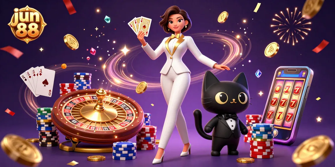 Experience the excitement at jun 88 with a glamorous woman and cat in a vibrant casino scene.