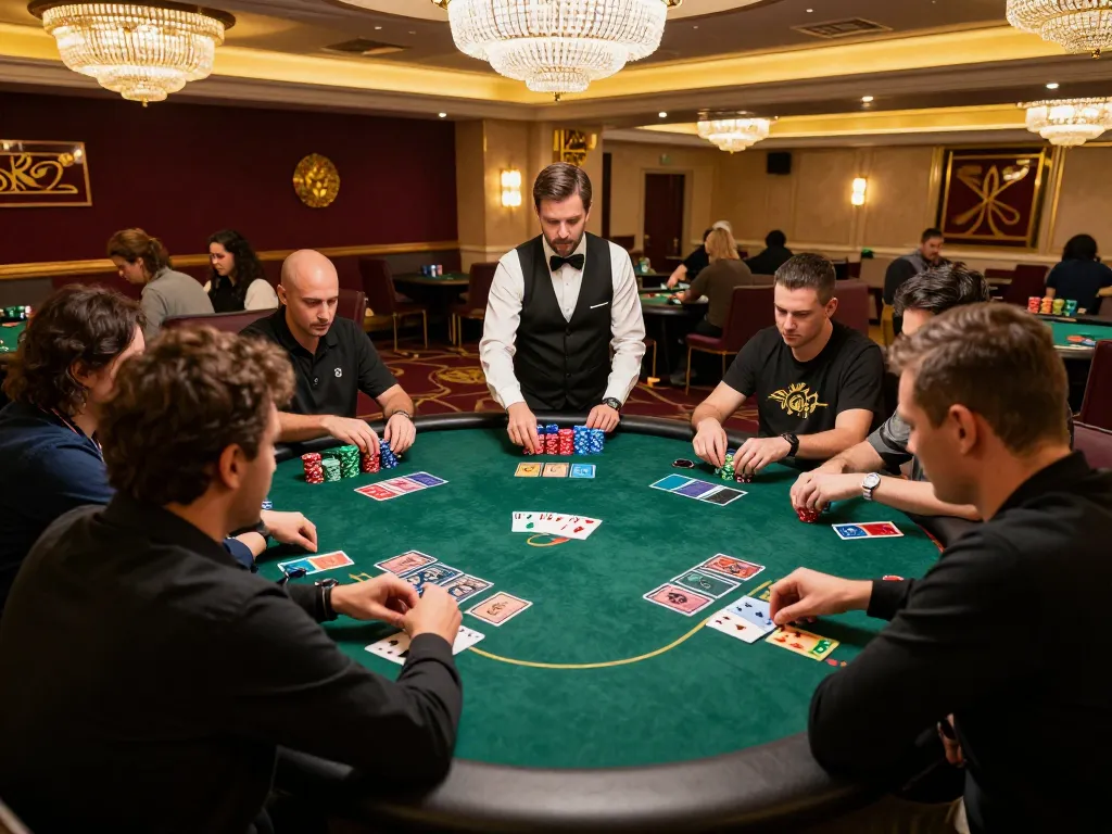 Players engaged in a poker game at a Vegas casino showcasing strategic moves with XX88 chips.