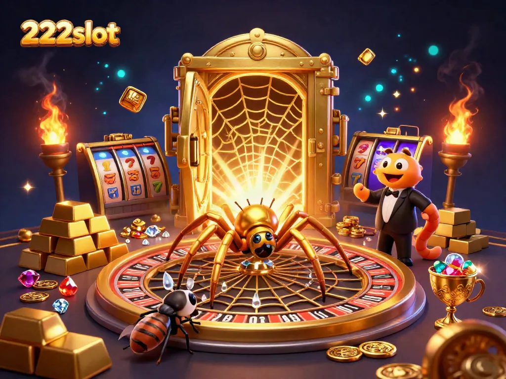 Spider 222slot memutar roda roulette keemasan dalam suasana kasino megah dengan harta karun berkilauan.