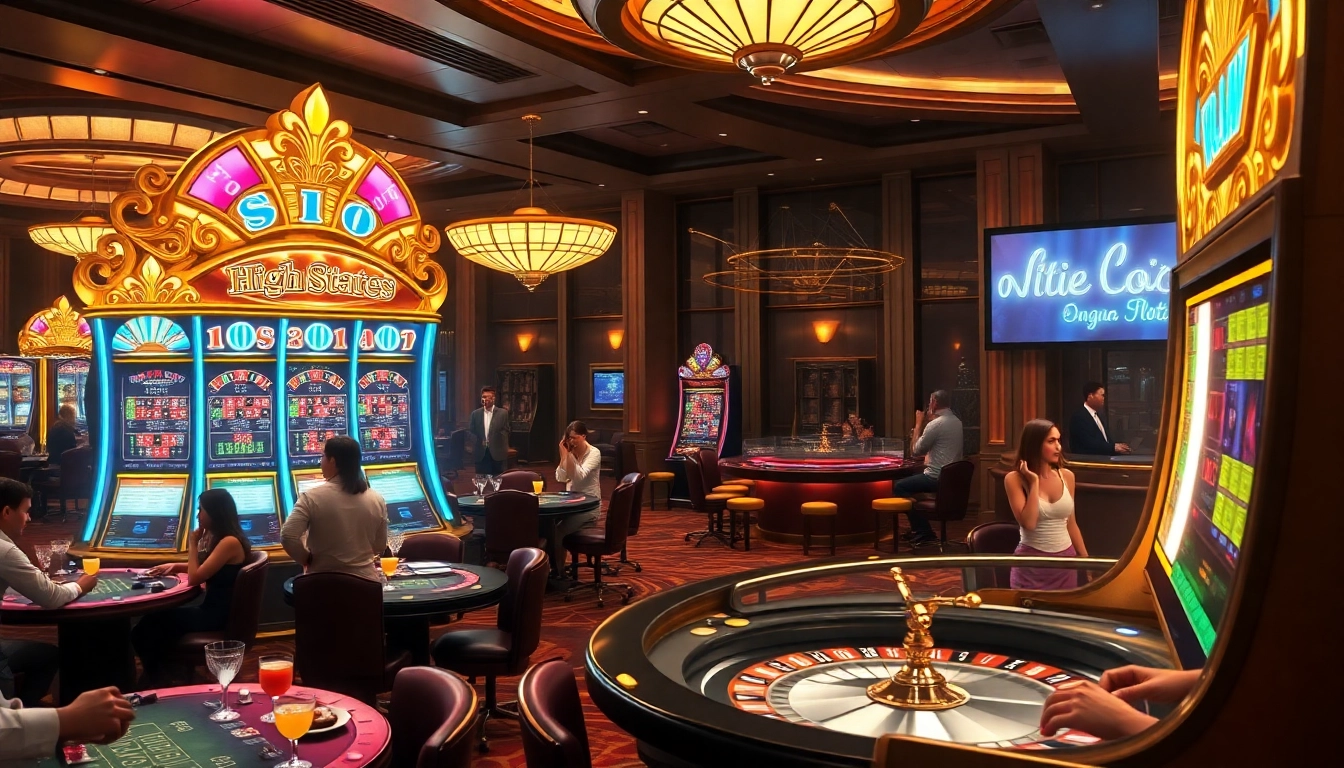 Win big with idn slot at a luxurious casino, featuring vibrant machines and enthusiastic players.