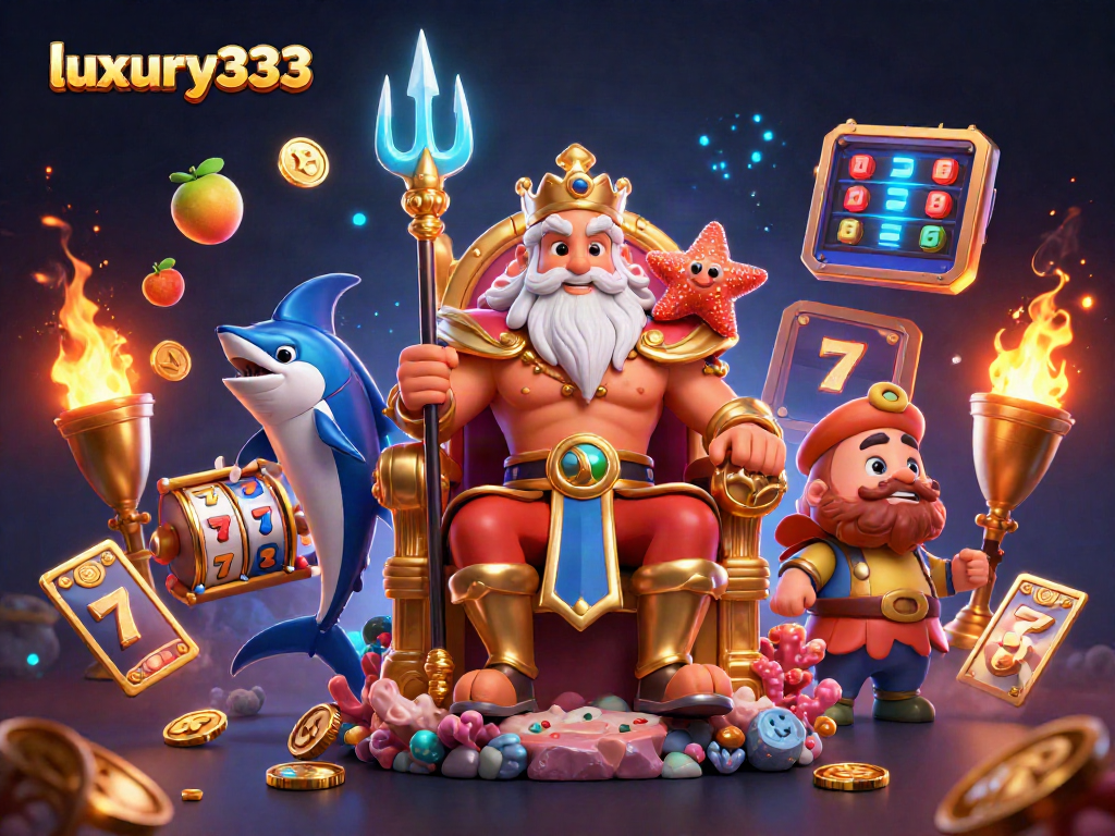 Pengalaman bermain yang mewah di luxury333 dengan sosok Raja Neptune dan elemen mesin slot yang memukau.