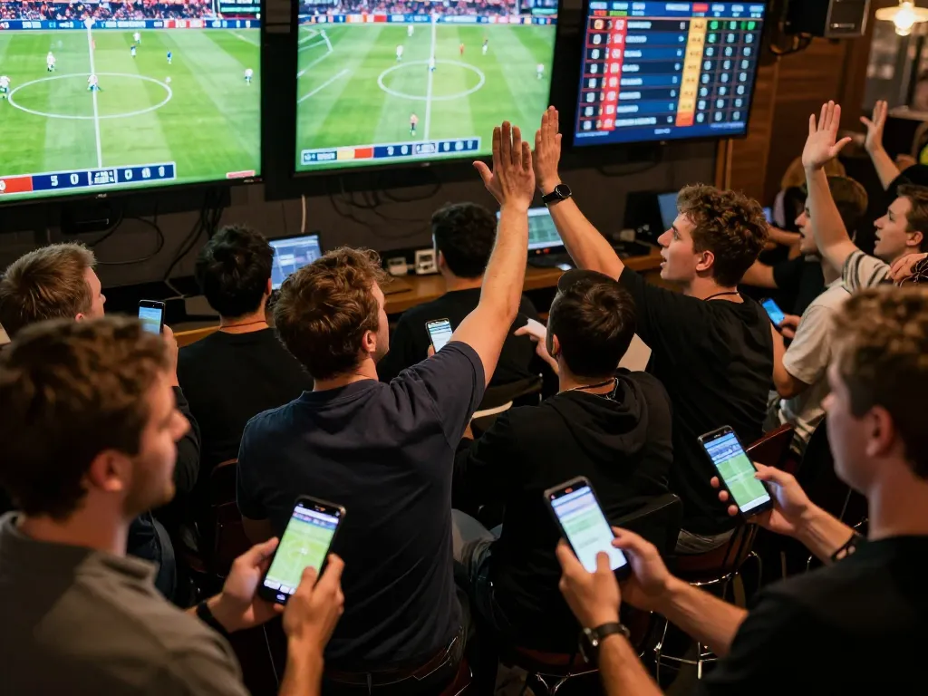 Soi Kèo sports betting scene with enthusiastic bettors analyzing live odds and scores.
