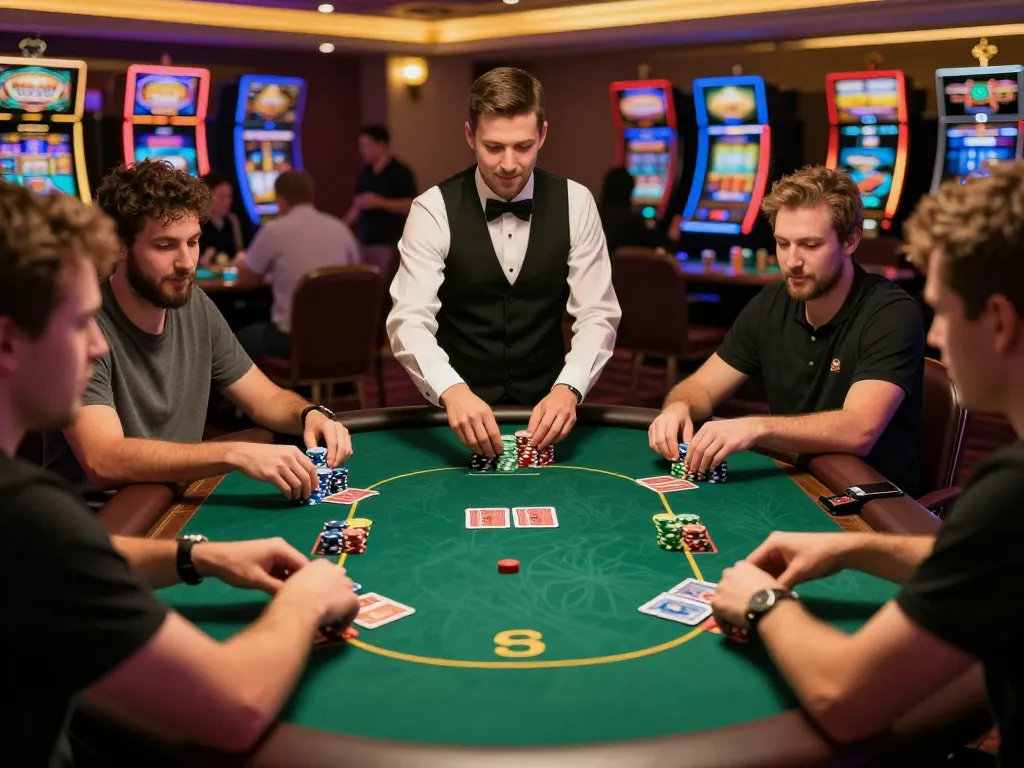 Players enjoying a competitive poker game at the sunwin casino, showing chips and dealer action.