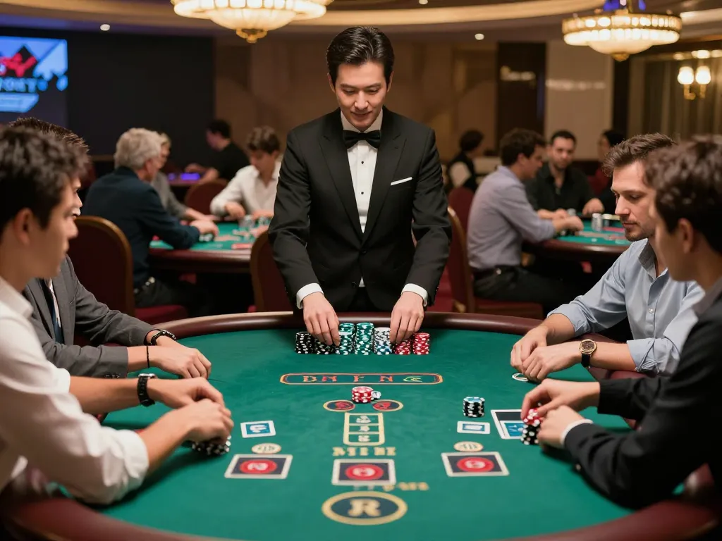 68win players strategizing at a blackjack table, reflecting a high-stakes casino atmosphere