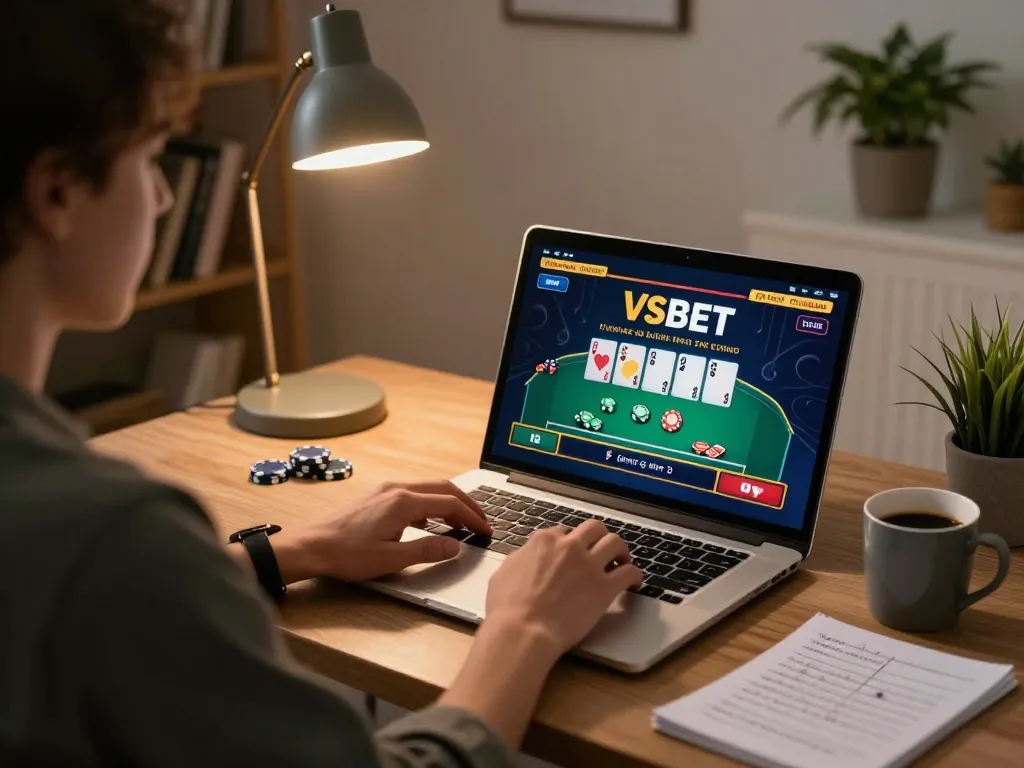 Engaging scene of a user actively participating in VSBET online casino poker game from a cozy home office.