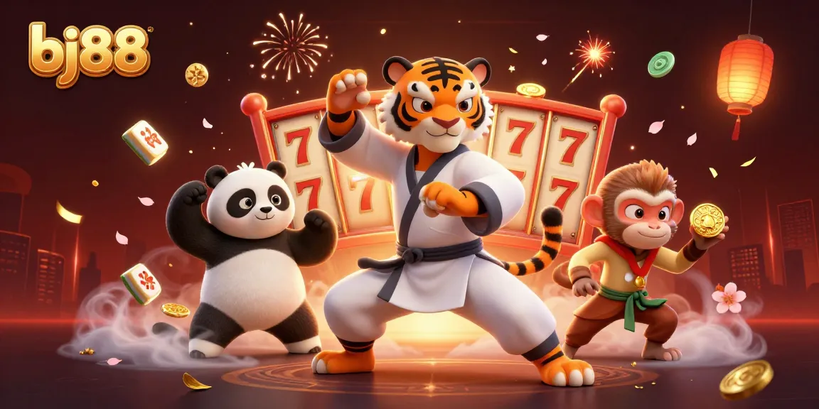 Win big at bj88 with a festive atmosphere showcasing a kung fu tiger, panda disciple, and fireworks.