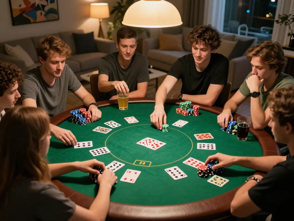 Leci123 platform enhances enjoyment at a lively home poker game with friends, chips and cards in action