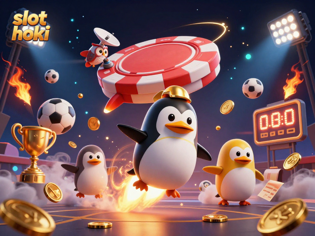 Experience the excitement of slot hoki with a golden penguin racing towards a casino space station.