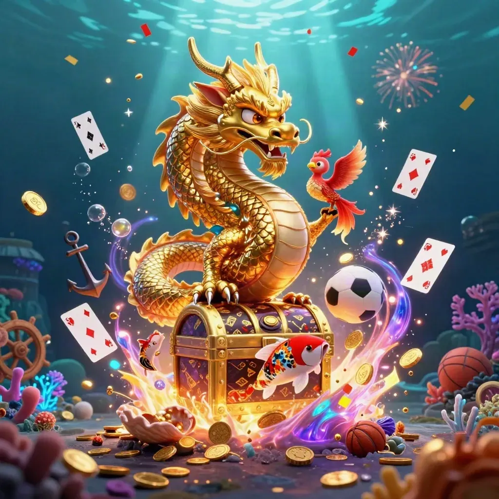Golden dragon, phoenix, koi, treasure, and neon casino elements in an underwater burst.