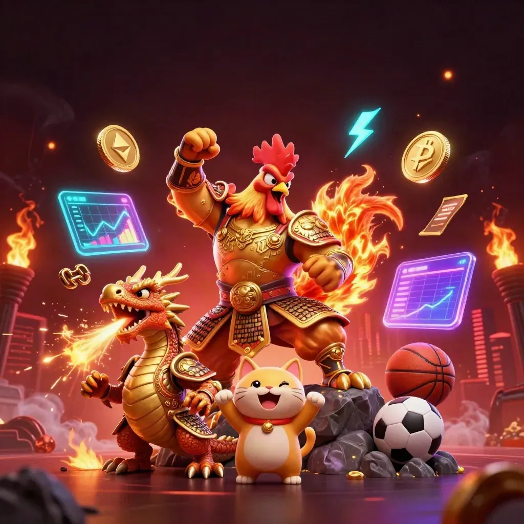 Rooster warrior, dragon hatchling, and fortune-cat amid neon coins, lightning, and sparks in a dark casino scene.