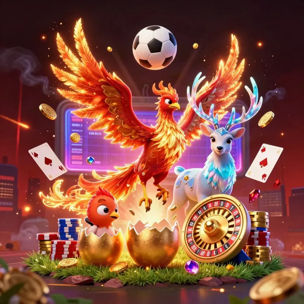 Phoenix, stag, coins and balls explode in neon casino light over a dark skyline.
