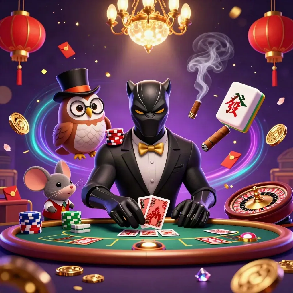 Panther, owl, and mouse in a luxe neon casino scene with lanterns and glowing gold light