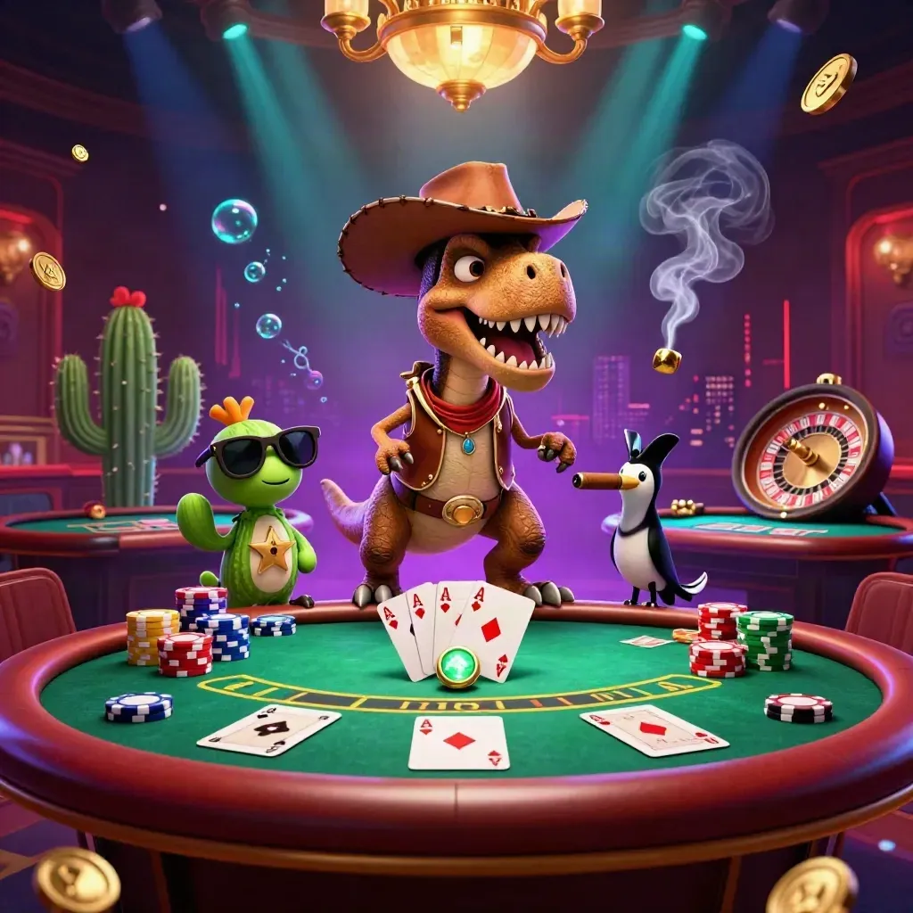 Cartoon cowboy T-Rex trio in a neon casino room with chips, cards, and chandelier glow
