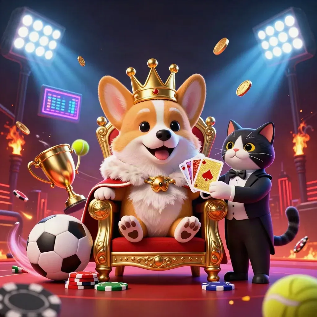 Royal corgi and cat butler amid flying sports balls, chips, coins, and blazing casino lights.