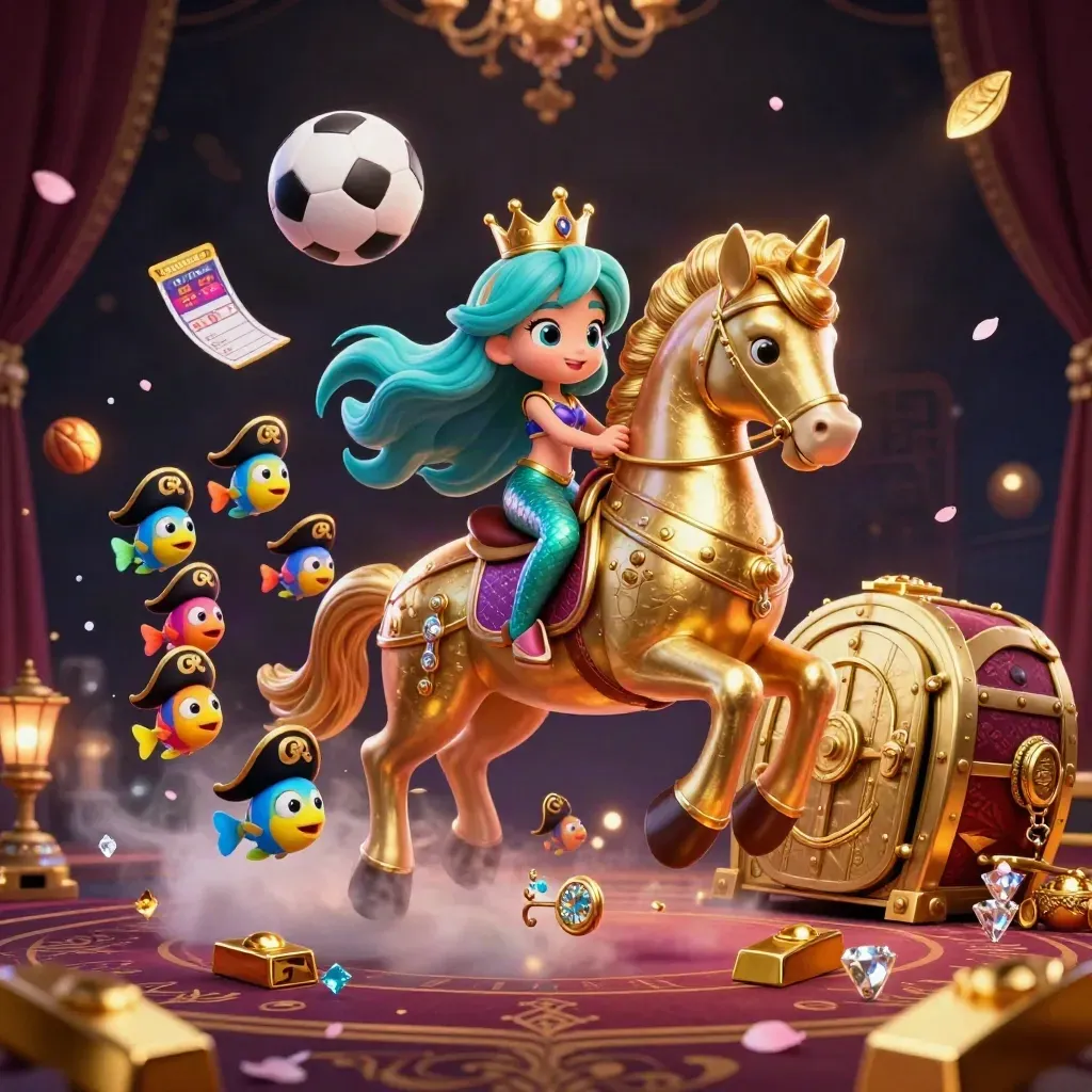 Mermaid princess on a golden seahorse amid flying sports balls, gold, gems, and casino glow.