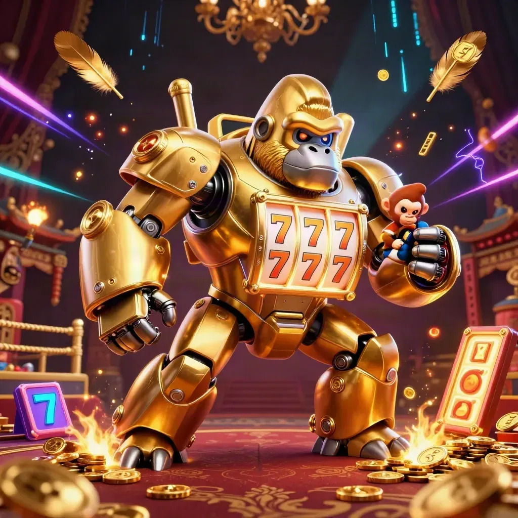 Golden gorilla slot-mech with monkey pilot, coins, temple gate, neon energy in a luxe casino style.