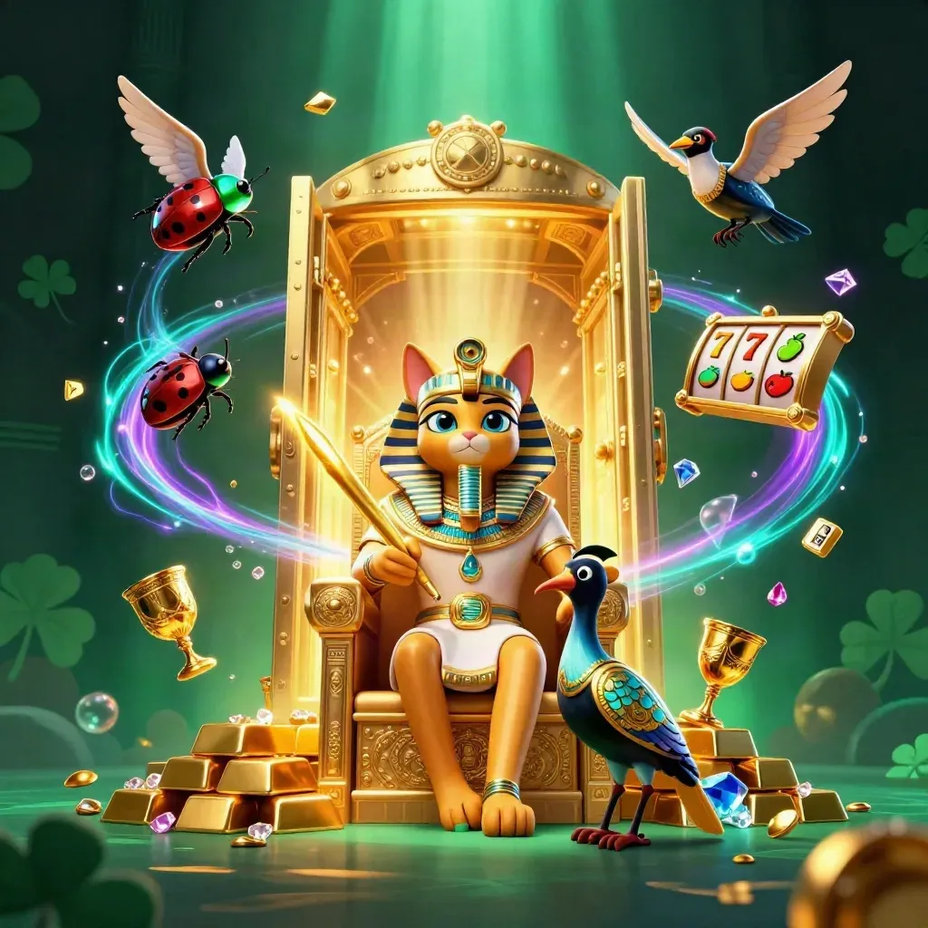 Pharaoh cat, ibis scribe, and gem-wing scarabs burst from a golden vault in neon casino glow.