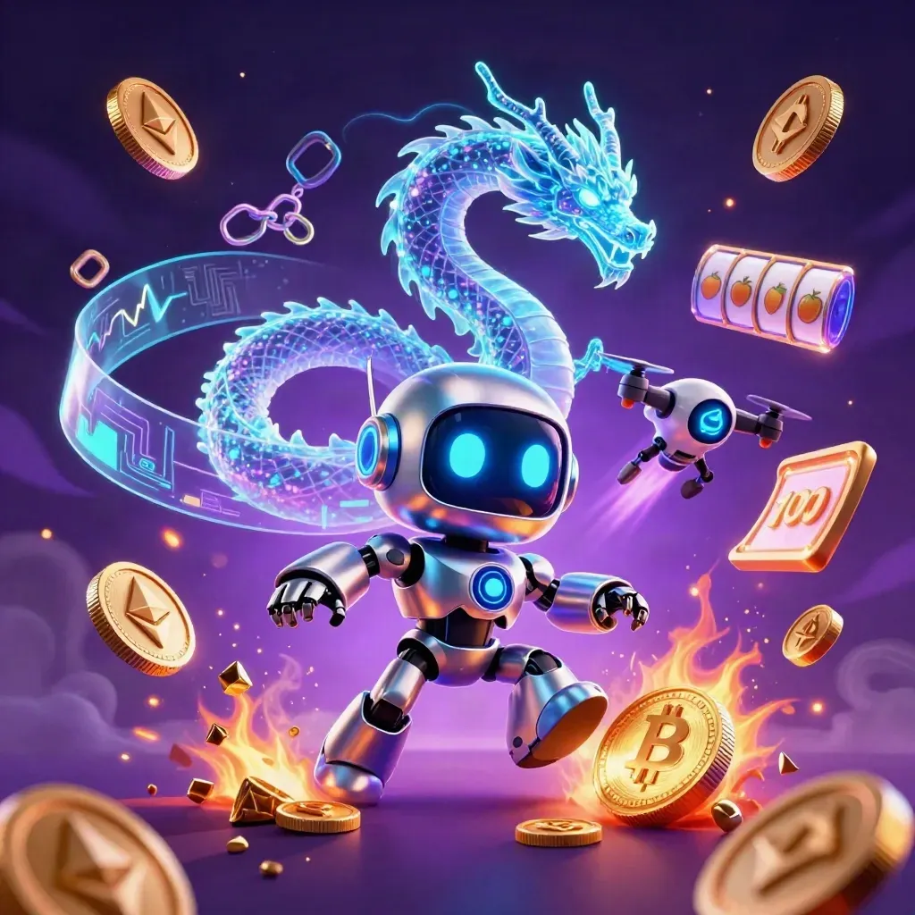 Cyberpunk robot, holographic dragon and coin drone burst with neon coins and energy on a purple starfield.